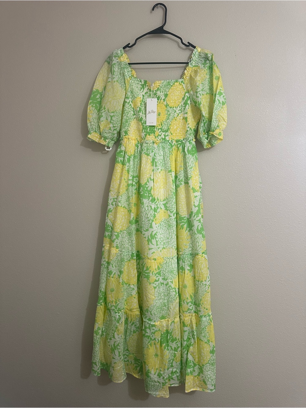 Lilly Pulitzer Green and Yellow Floral Maxi Dress with Puff Sleeves